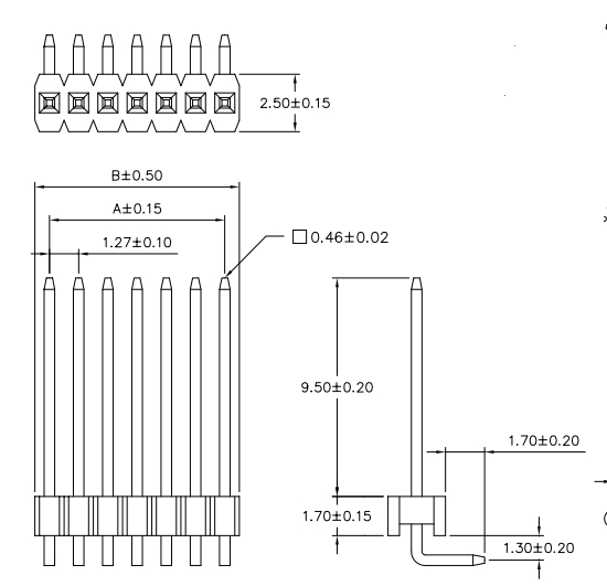 Pitch 1.27mm/DIP Header/Single type/Straight H: S1: 2.54mm, S2: 3.0mm, S3: 1.7mm, S4: 3.40mm, S5: 3.95mm, S6: 2.0mm, S7: 5.30mm/Right Angle