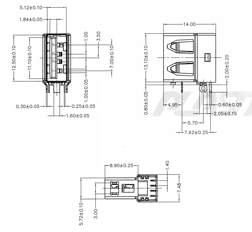USB 2.0 socket DIP side entry