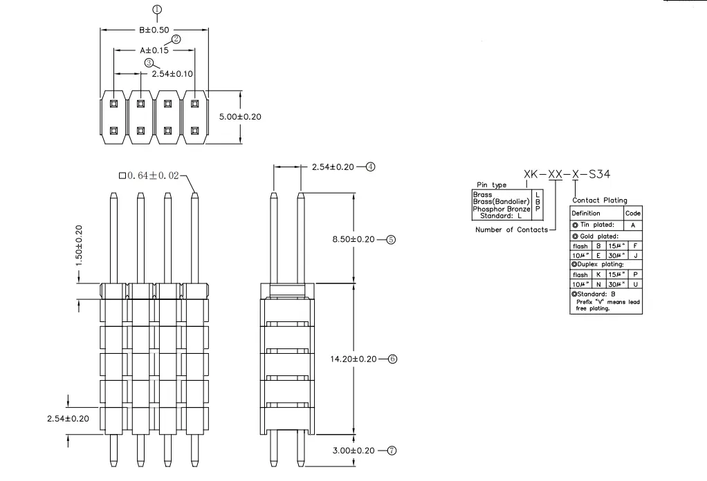 2.54mm Board Stack Header/Double Rows/DIP/THT